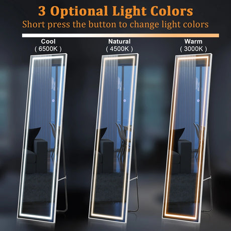 LED Lighted Full Length Mirror with Dimming and 3 Color Lighting-White