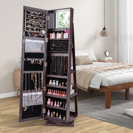 360 Rotatable 2-in-1 Lockable Jewelry Cabinet with Full-Length Mirror-Dark Brown