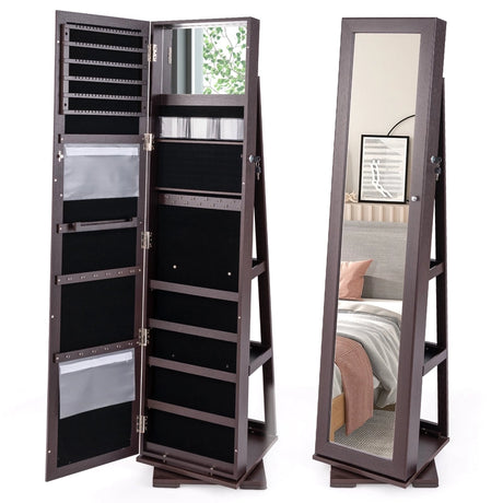 360 Rotatable 2-in-1 Lockable Jewelry Cabinet with Full-Length Mirror-Dark Brown