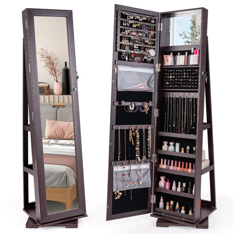 360 Rotatable 2-in-1 Lockable Jewelry Cabinet with Full-Length Mirror-Dark Brown