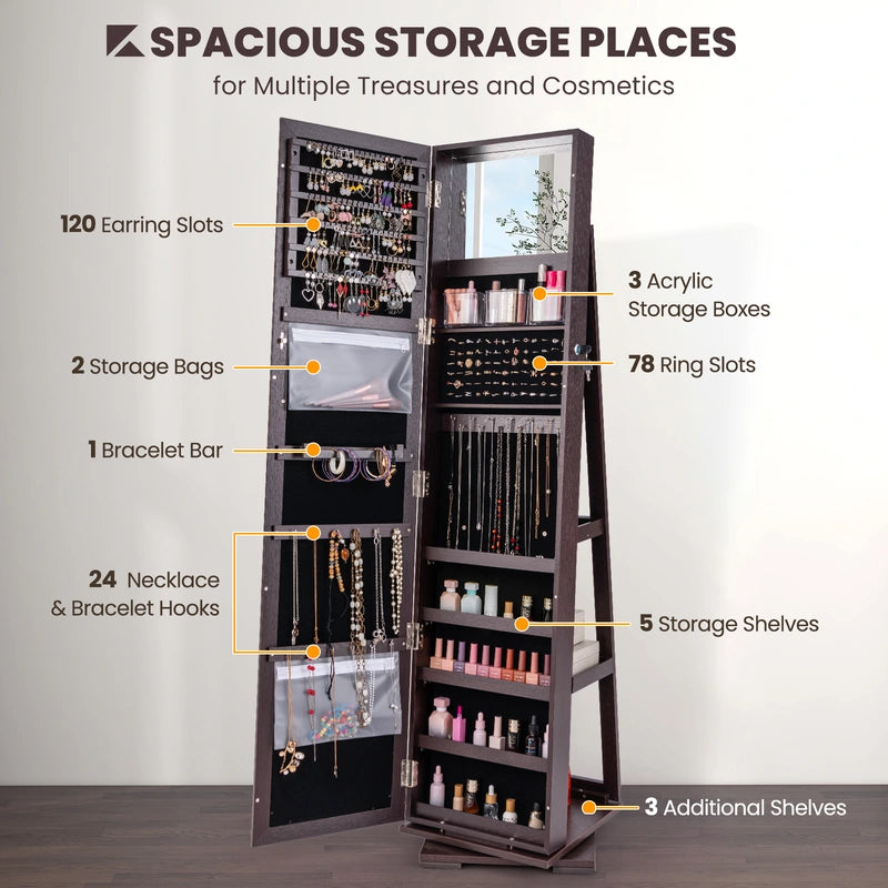 360 Rotatable 2-in-1 Lockable Jewelry Cabinet with Full-Length Mirror-Dark Brown