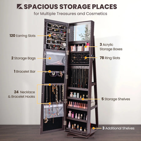 360 Rotatable 2-in-1 Lockable Jewelry Cabinet with Full-Length Mirror-Dark Brown