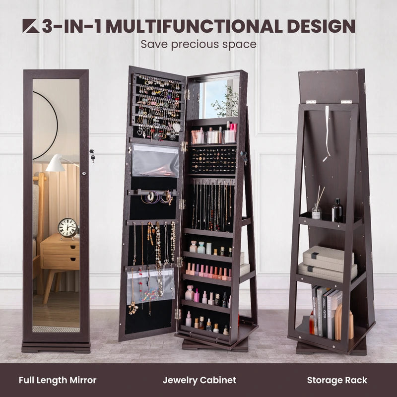 360 Rotatable 2-in-1 Lockable Jewelry Cabinet with Full-Length Mirror-Dark Brown