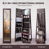 360 Rotatable 2-in-1 Lockable Jewelry Cabinet with Full-Length Mirror-Dark Brown