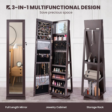 360 Rotatable 2-in-1 Lockable Jewelry Cabinet with Full-Length Mirror-Dark Brown