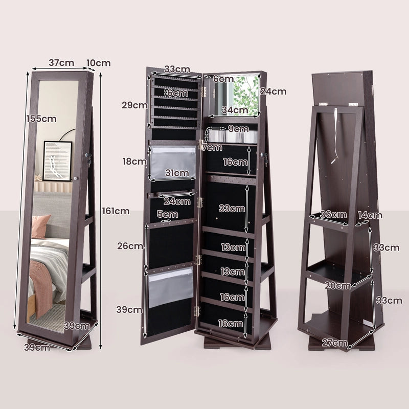 360 Rotatable 2-in-1 Lockable Jewelry Cabinet with Full-Length Mirror-Dark Brown