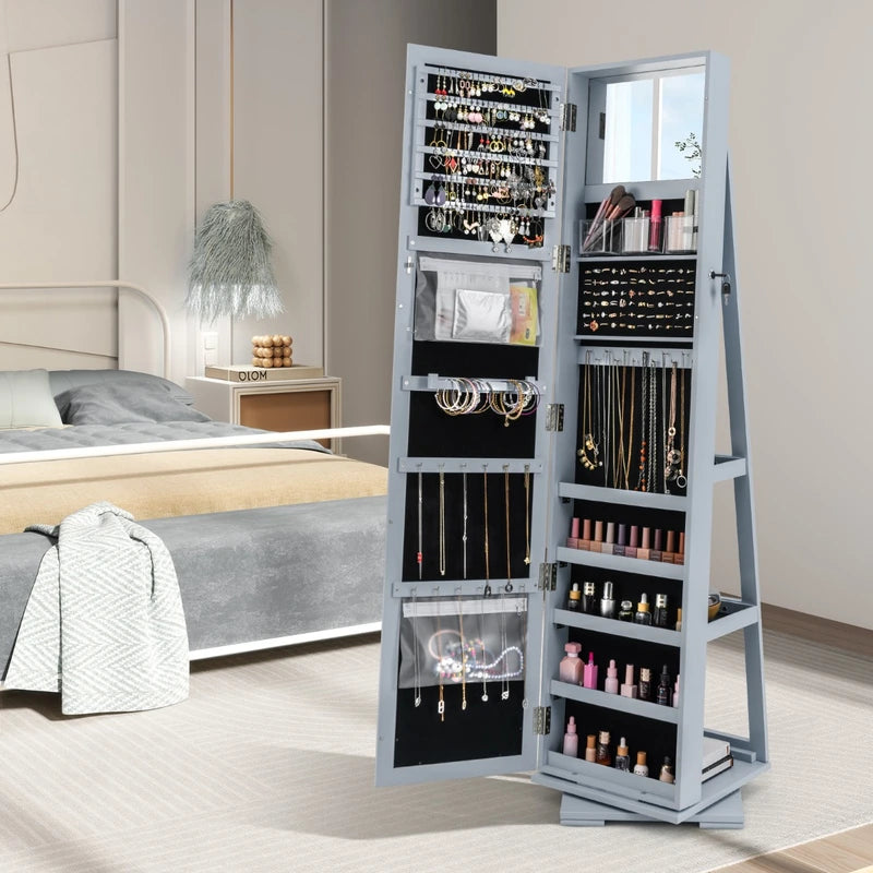 360 Rotatable 2-in-1 Lockable Jewelry Cabinet with Full-Length Mirror-Gray
