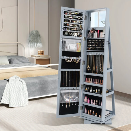 360 Rotatable 2-in-1 Lockable Jewelry Cabinet with Full-Length Mirror-Gray