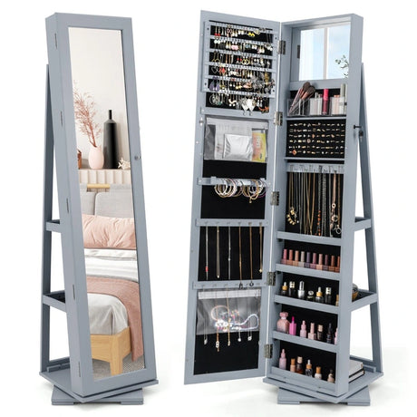 360 Rotatable 2-in-1 Lockable Jewelry Cabinet with Full-Length Mirror-Gray