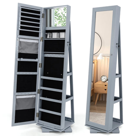 360 Rotatable 2-in-1 Lockable Jewelry Cabinet with Full-Length Mirror-Gray