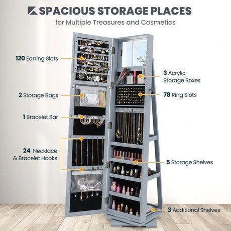 360 Rotatable 2-in-1 Lockable Jewelry Cabinet with Full-Length Mirror-Gray