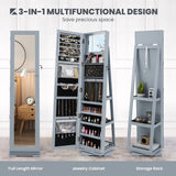 360 Rotatable 2-in-1 Lockable Jewelry Cabinet with Full-Length Mirror-Gray
