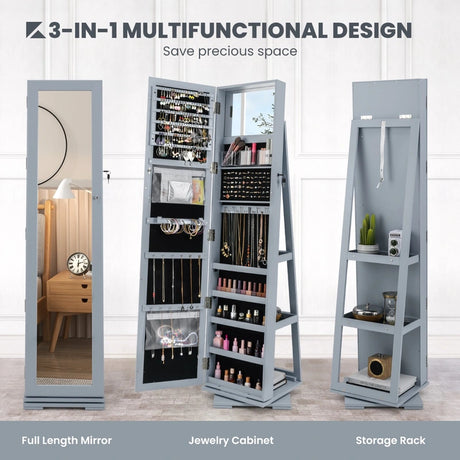 360 Rotatable 2-in-1 Lockable Jewelry Cabinet with Full-Length Mirror-Gray