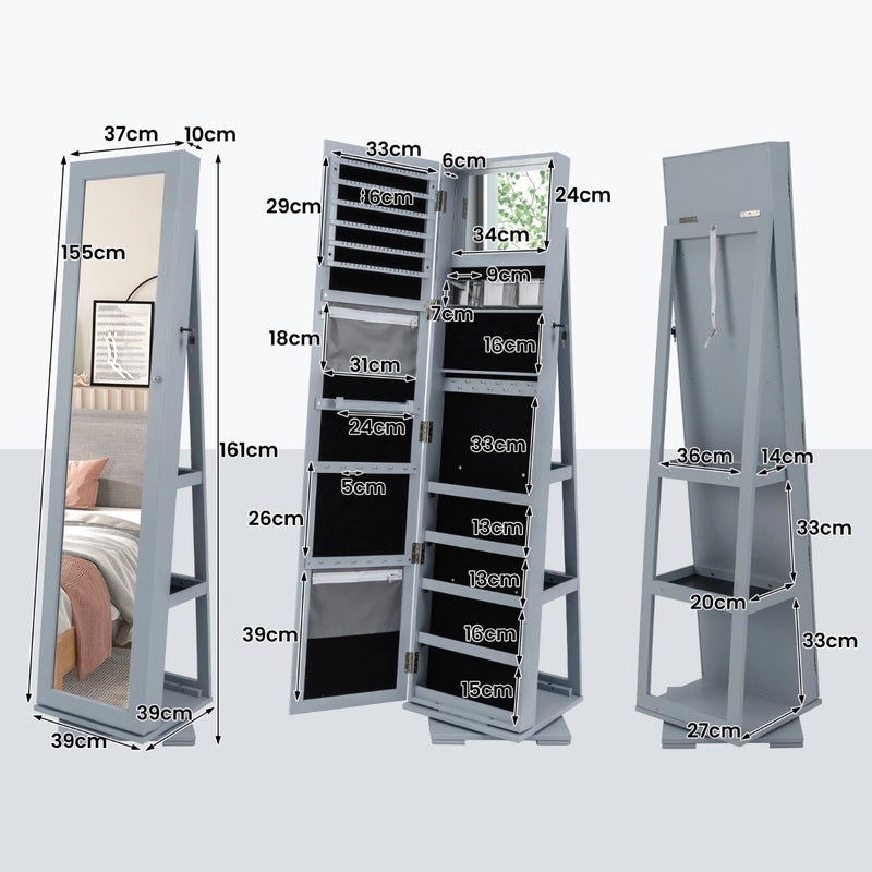 360 Rotatable 2-in-1 Lockable Jewelry Cabinet with Full-Length Mirror-Gray