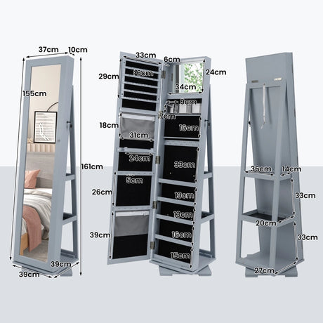 360 Rotatable 2-in-1 Lockable Jewelry Cabinet with Full-Length Mirror-Gray