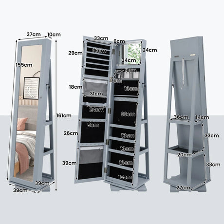 360 Rotatable 2-in-1 Lockable Jewelry Cabinet with Full-Length Mirror-Gray