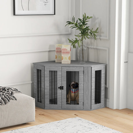 PawHut 2 in 1 Dog Crate Furniture Side Table, with Cushion, 104 x 55 x 63cm - Grey
