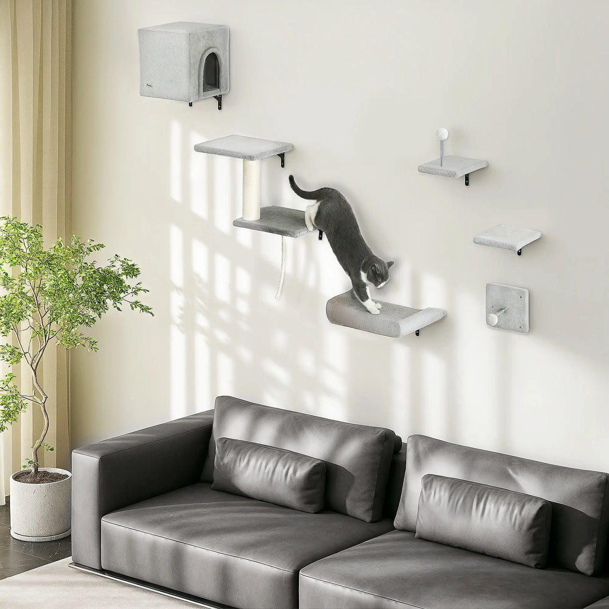 PawHut 6-Piece Cat Wall Shelves Set with Condo, Cat Wall Furniture with Platforms, Sisal Scratching Post, Bed, Toy Ball, Grey