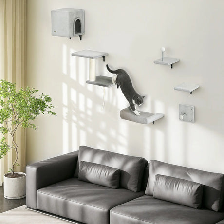 PawHut 6-Piece Cat Wall Shelves Set with Condo, Cat Wall Furniture with Platforms, Sisal Scratching Post, Bed, Toy Ball, Grey
