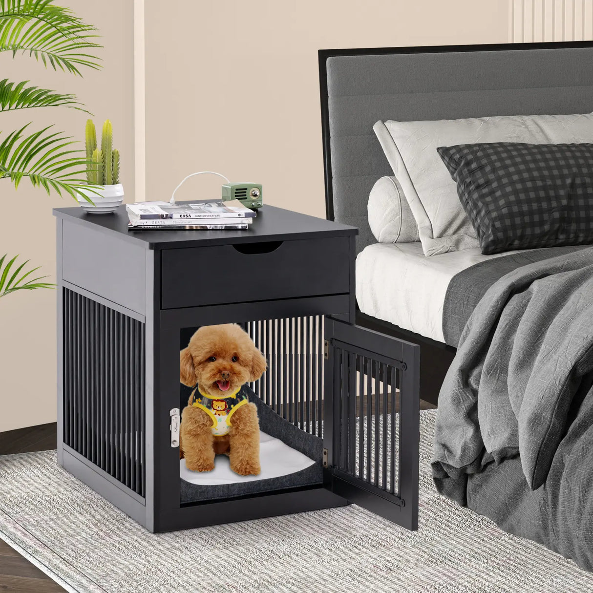2-In-1 Dog House with Drawer and Wired Wireless Charging-Black