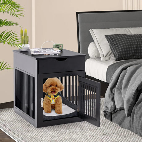 2-In-1 Dog House with Drawer and Wired Wireless Charging-Black