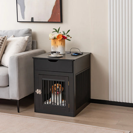2-In-1 Dog House with Drawer and Wired Wireless Charging-Black