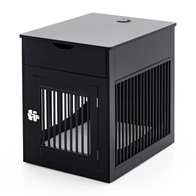 2-In-1 Dog House with Drawer and Wired Wireless Charging-Black