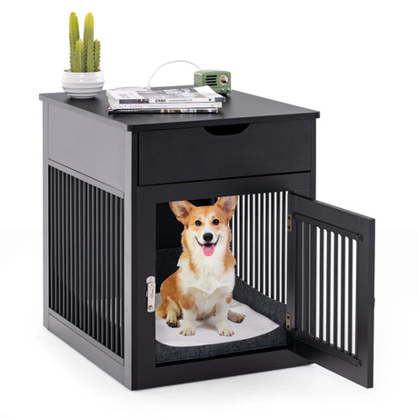2-In-1 Dog House with Drawer and Wired Wireless Charging-Black