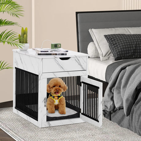 2-In-1 Dog House with Drawer and Wired Wireless Charging-White