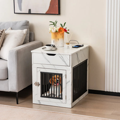 2-In-1 Dog House with Drawer and Wired Wireless Charging-White