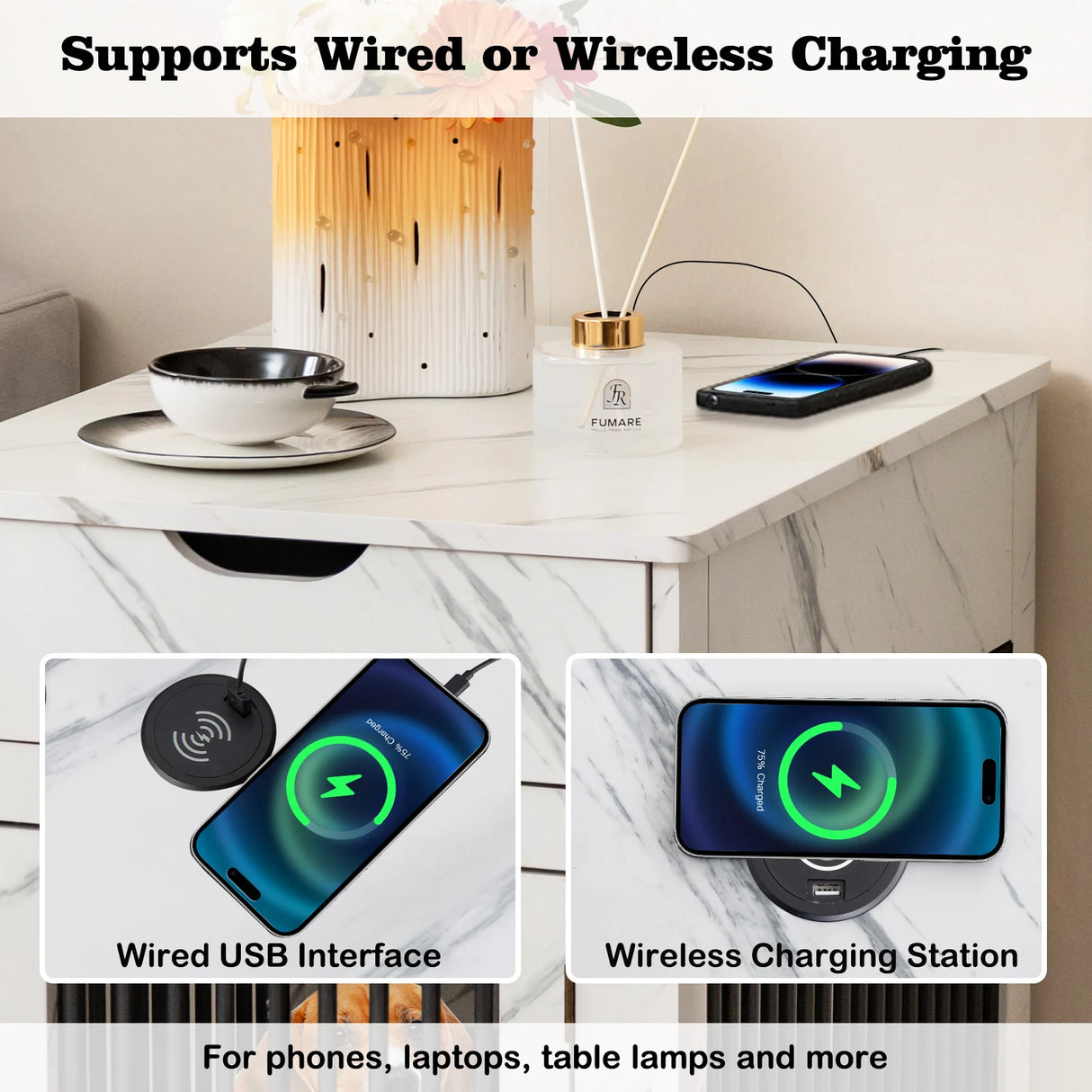 2-In-1 Dog House with Drawer and Wired Wireless Charging-White