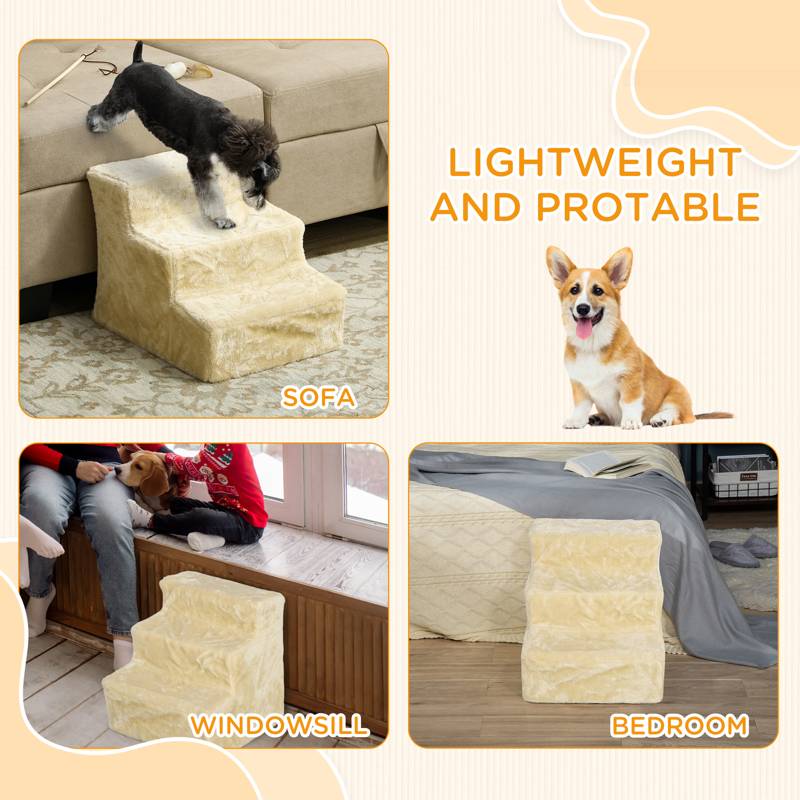 PawHut Three-Step Dog Stairs, with Washable Plush Cover, for High Bed Sofa, Dog Stairs for Small Dog and Cat - Beige