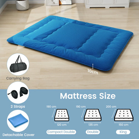Floor Futon Mattress Medium Firm Thickened Tatami Mat with Carrying Bag-Blue-King Size