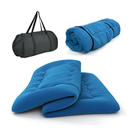 Floor Futon Mattress Medium Firm Thickened Tatami Mat with Carrying Bag-Blue-King Size