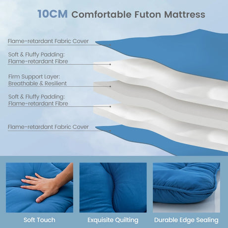 Floor Futon Mattress Medium Firm Thickened Tatami Mat with Carrying Bag-Blue-King Size