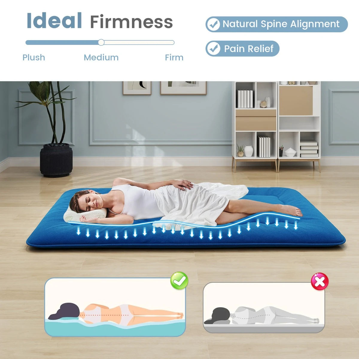 Floor Futon Mattress Medium Firm Thickened Tatami Mat with Carrying Bag-Blue-Double Size
