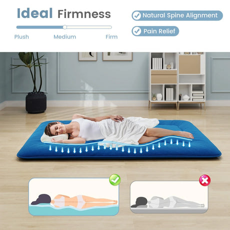Floor Futon Mattress Medium Firm Thickened Tatami Mat with Carrying Bag-Blue-Double Size
