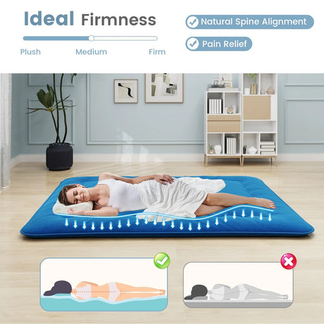 Floor Futon Mattress Medium Firm Thickened Tatami Mat with Carrying Bag-Blue-King Size