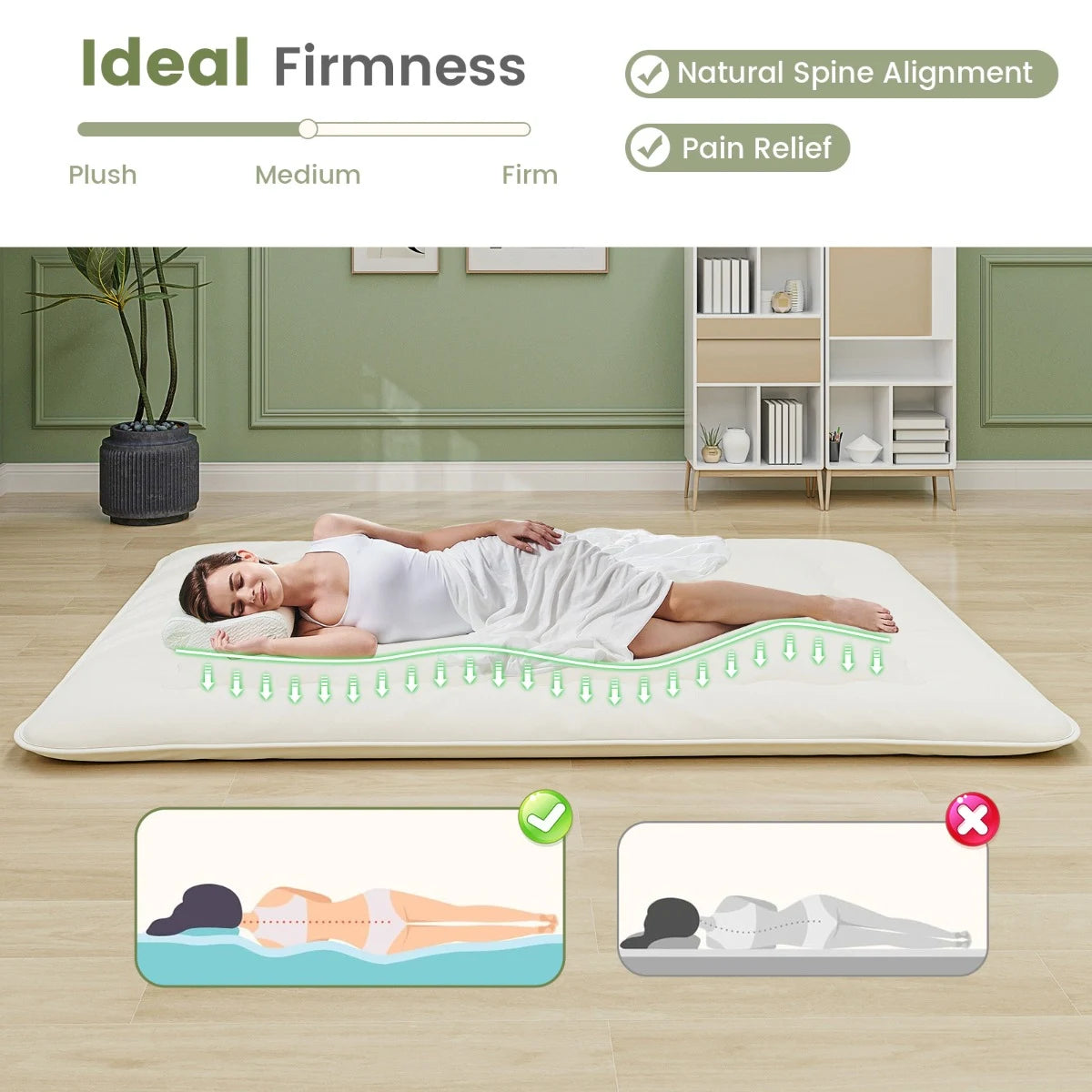 Floor Futon Mattress Medium Firm Thickened Tatami Mat with Carrying Bag-Beige-King Size