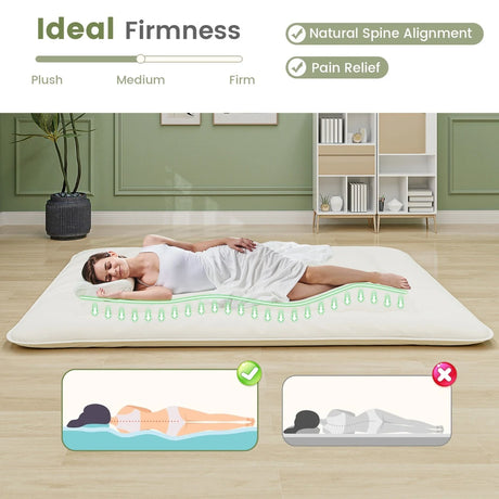 Floor Futon Mattress Medium Firm Thickened Tatami Mat with Carrying Bag-Beige-King Size