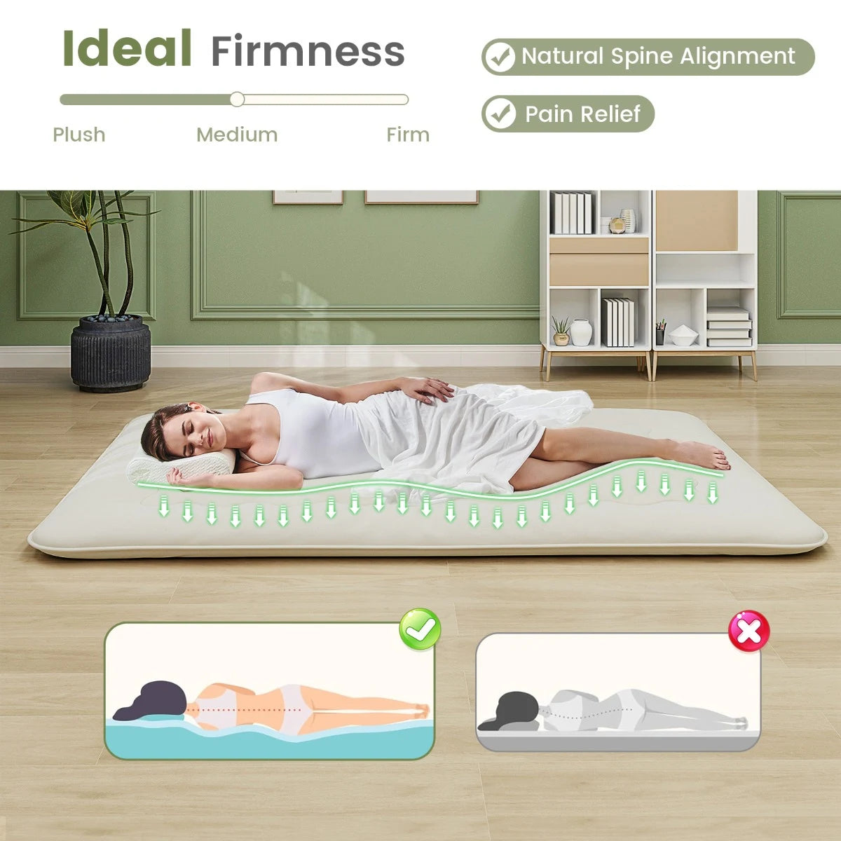 Floor Futon Mattress Medium Firm Thickened Tatami Mat with Carrying Bag-Beige