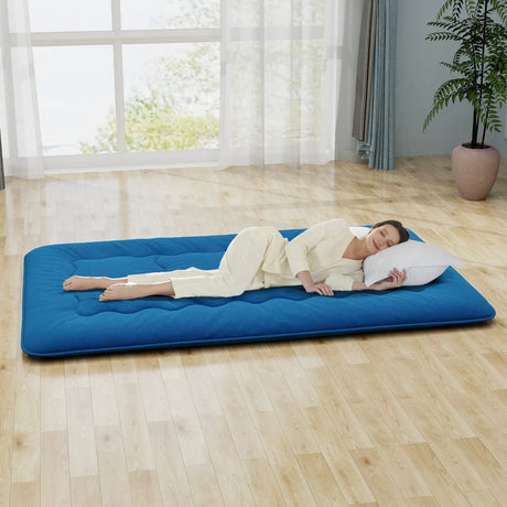 Floor Futon Mattress Medium Firm Thickened Tatami Mat with Carrying Bag-Blue-Double Size