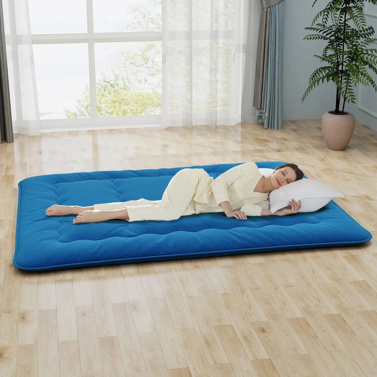 Floor Futon Mattress Medium Firm Thickened Tatami Mat with Carrying Bag-Blue-King Size