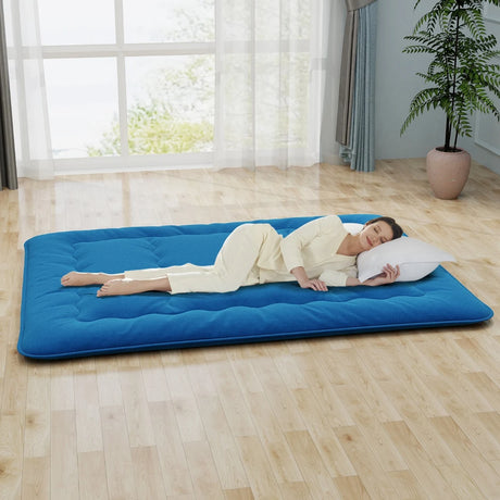 Floor Futon Mattress Medium Firm Thickened Tatami Mat with Carrying Bag-Blue-King Size