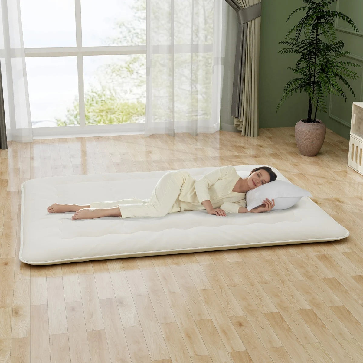 Floor Futon Mattress Medium Firm Thickened Tatami Mat with Carrying Bag-Beige-King Size