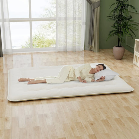 Floor Futon Mattress Medium Firm Thickened Tatami Mat with Carrying Bag-Beige-King Size