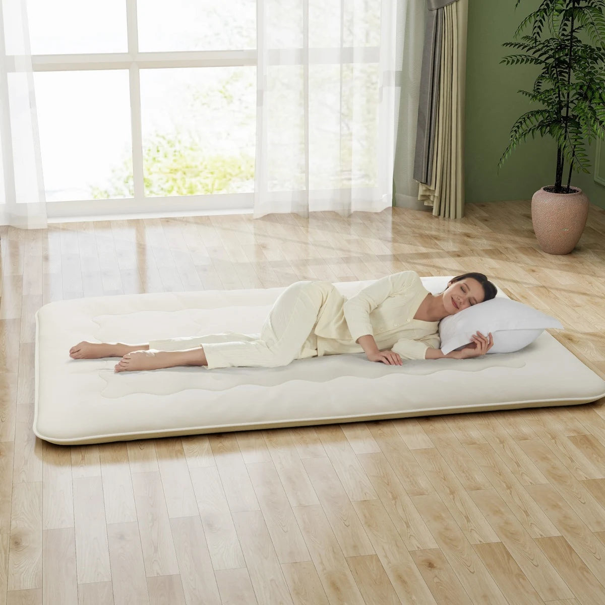 Floor Futon Mattress Medium Firm Thickened Tatami Mat with Carrying Bag-Beige