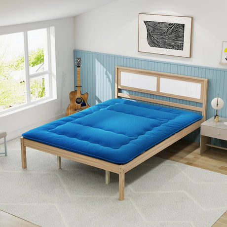Floor Futon Mattress Medium Firm Thickened Tatami Mat with Carrying Bag-Blue-King Size
