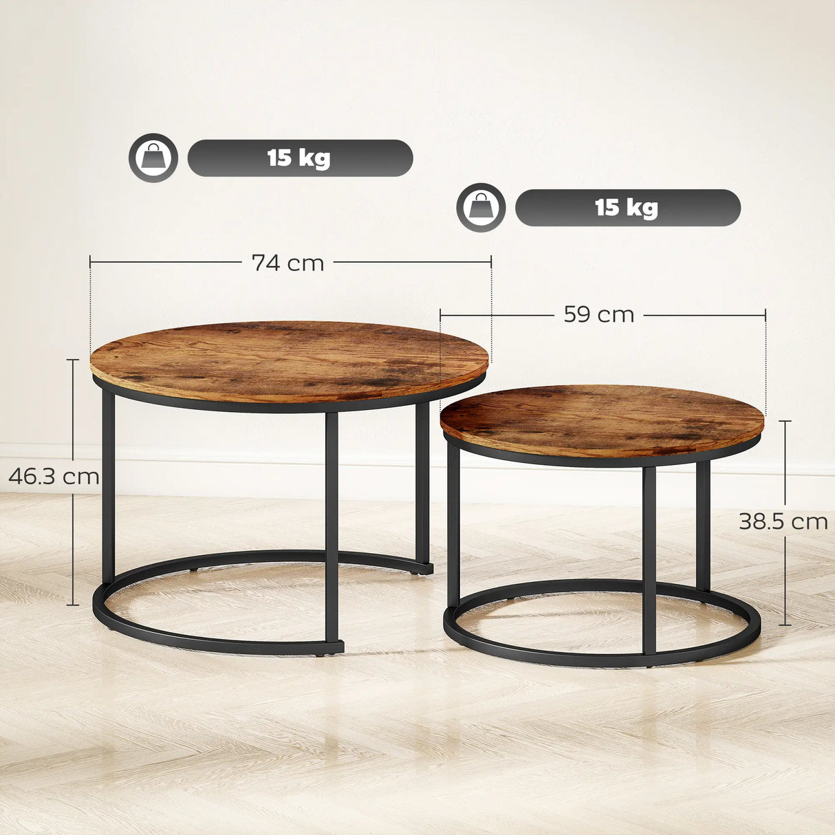 HOMCOM Coffee Table Set of 2, Round Nest of Tables with Metal Frame, Modern Side Tables for Living Room, Rustic Brown