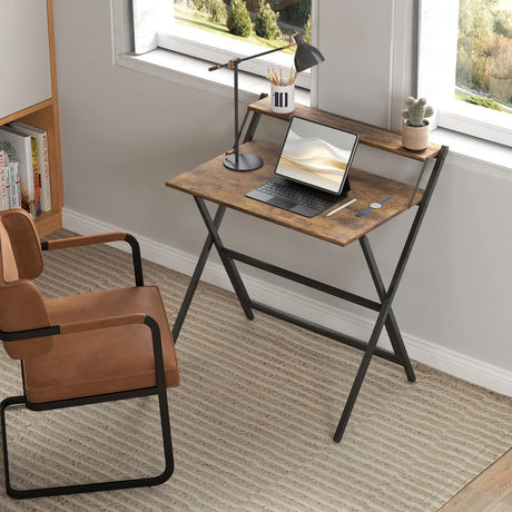 HOMCOM 81.5 cm Folding Computer Desk with Monitor Shelf - Rustic Brown